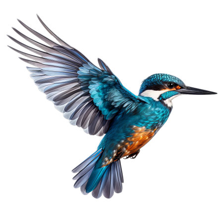 Kingfisher flying isolated on white background. 3D illustration.の素材