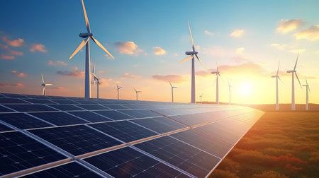 Solar cell plant and wind generators under blue sky on sunset.の素材