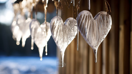 Heart shaped icicles hanging on a wooden wall. Winter background.の素材