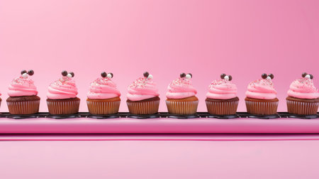 Conveyor cupcakes on line in pink background.の素材