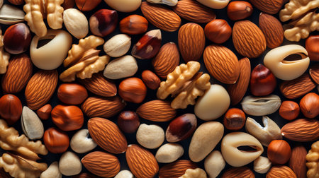 Abstract background with different nuts in a heap.の素材