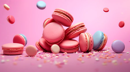 Sweet colorful macaroons falling on pink background.の素材