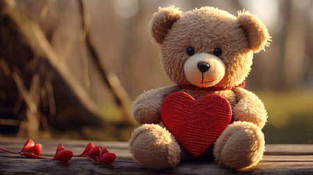 Teddy bear with red heart on wooden table in the park.の素材
