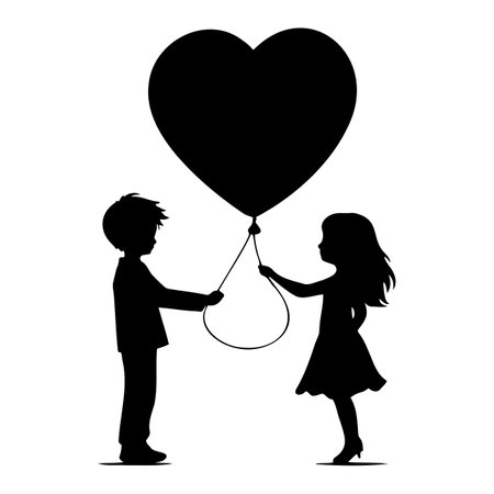 Boy and girl with balloon, silhouette illustrationのイラスト素材