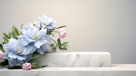 White Step Stone Podium Display, Blue Flower Floral Bouquet.の素材