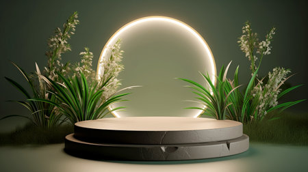 3d render of podium for product display with green grass and flowers.の素材