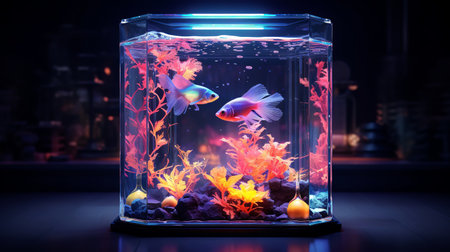 Tropical fish in a glass aquarium on dark background. 3d renderingの素材