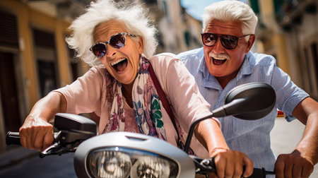 Happy senior couple riding a motorbike in the city. They are laughing and looking at camera.の素材