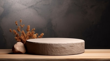 Wooden podium on the background of a concrete wall. 3d renderingの素材