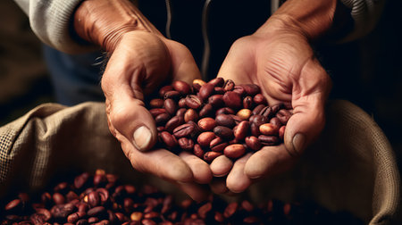 A human person hands holding coffee beans.の素材