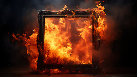 Burning frame on a dark background.の素材