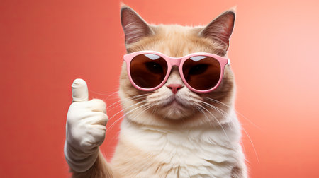Cat wearing sunglasses and giving thumb up.の素材
