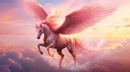 White unicorn with wings flying in the sky. 3D illustration.の素材