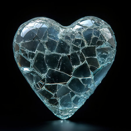 Broken heart-shaped glass on a black background.の素材
