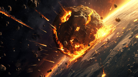 a huge gigantic burning asteroid in space flying towards the planet earth.の素材