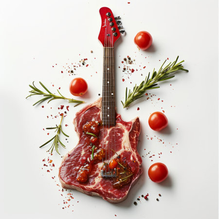 Meat steak, in the shape of a guitar, on a white background.の素材