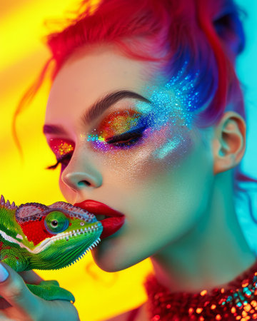 Portrait of a girl with bright makeup and a chameleon.の素材
