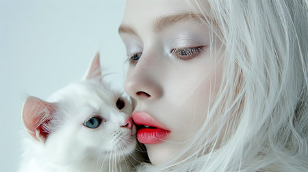 Portrait of a blonde girl and a white cat.の素材