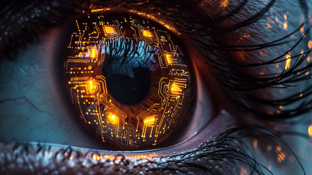 a close up of a human eye but the iris is made of tiny computer circuits.の素材