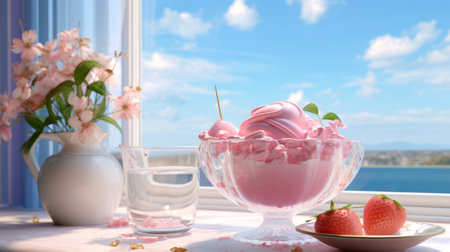 a pink gelato on a glass platter in front of a window, with a strawberry.の素材