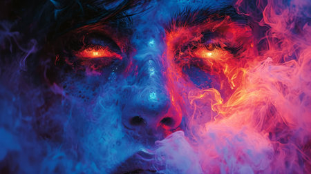 close-up portrait of a girl and smoke in neon light.の素材