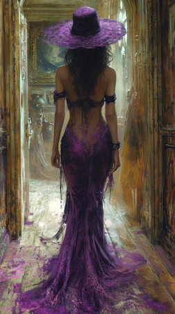 a lady in purple hat and dress walking through a hallway.の素材