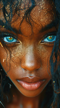 closeup portrait of an African American girl with blue eyes.の素材