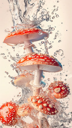 Vegetable poster, A few mushrooms, Water splashing.の素材