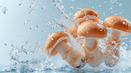 Vegetable poster, A few mushrooms, Water splashing.の素材