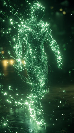 Silhouette of a man made of glowing particles.の素材