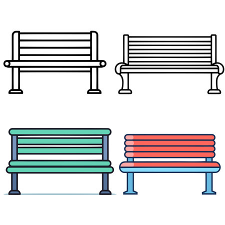 Park bench icon. Comfortable public wooden seat symbol set. Silhouette and outline design. Vector illustration isolated on whiteのイラスト素材