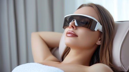 a beautiful girl came for laser hair removal, lies on the couch in special glasses for depilation.の素材