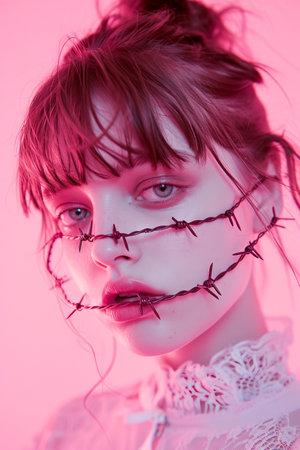 Portrait of a girl with barbed wire on her face.の素材