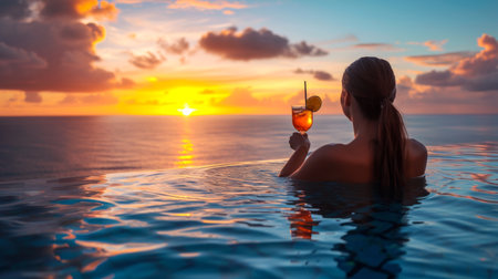 Woman watching the sunset with a cocktail in an infinity pool.の素材