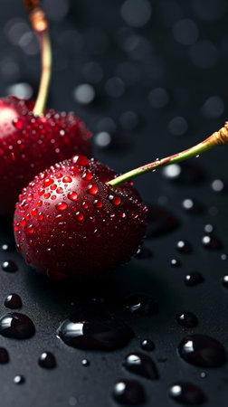 water droplets on red cherries, black background.の素材