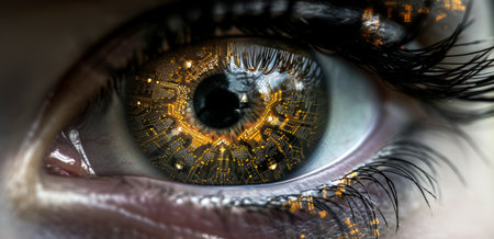 Close-up of human eye with digital binary code. Technology conceptの素材