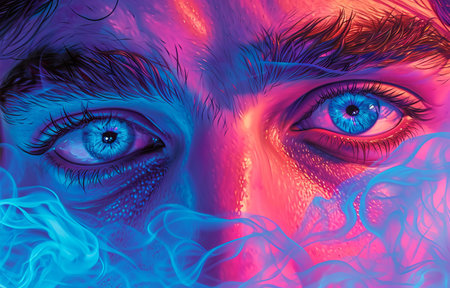 man's eyes close up in neon light.の素材