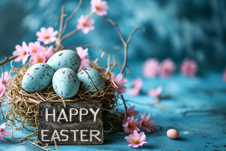 Easter background with basket and eggs.の素材