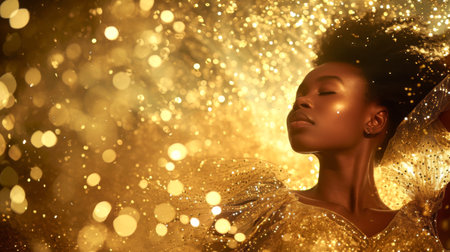 African American woman in gold on golden sparkling background.の素材