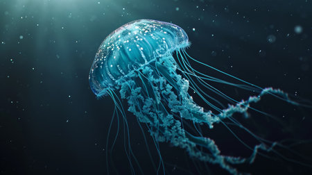 A jellyfish swims under the water.の素材