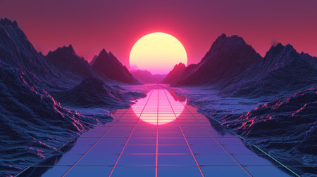 Virtual reality, sunset between the mountains. Design in the style of the 80s.の素材