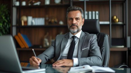 chief officer sitting at his office desk looking at the camera.の素材