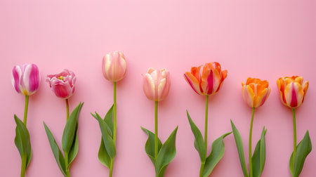 flat lay of Creative arrangement with various pink and orange tulips flowers separated against pastel pink background.の素材
