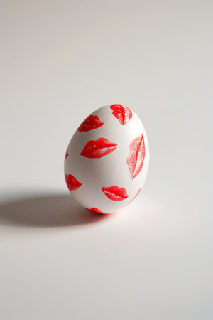 an egg painted with red kisses pattern from lipstick on a white background.の素材