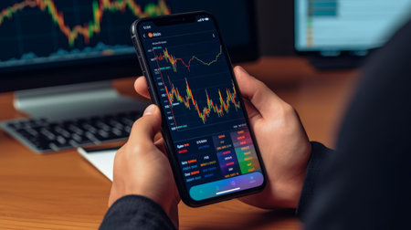 close up view of hands of broker analyst holding smartphone using financial stock markets e-commerce technology application with charts and numbers.の素材