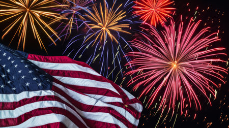 The American Flag and a Fireworks Display.の素材