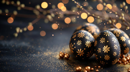 Black and golden painted Easter eggs with glitter and decoration on black background with copy space.の素材