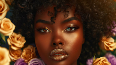 Portrait of a Dark skinned woman with golden makeup.の素材