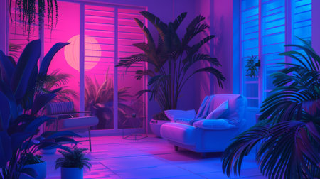 Living room in neon light.の素材