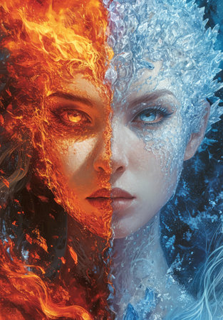 Fantasy portrait of a woman with fire on her face. Collage.の素材